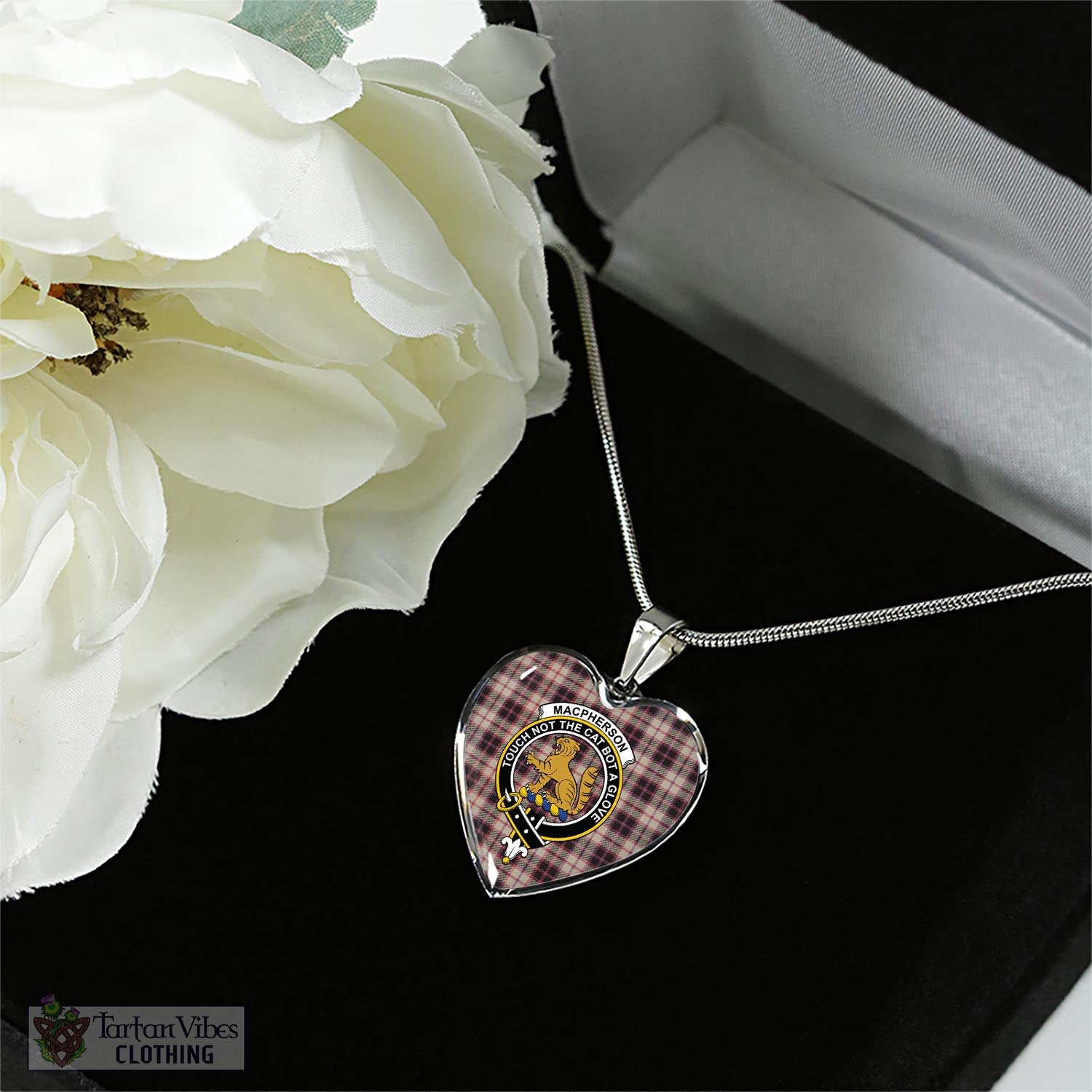 Tartan Vibes Clothing MacPherson Hunting Ancient Tartan Heart Necklace with Family Crest