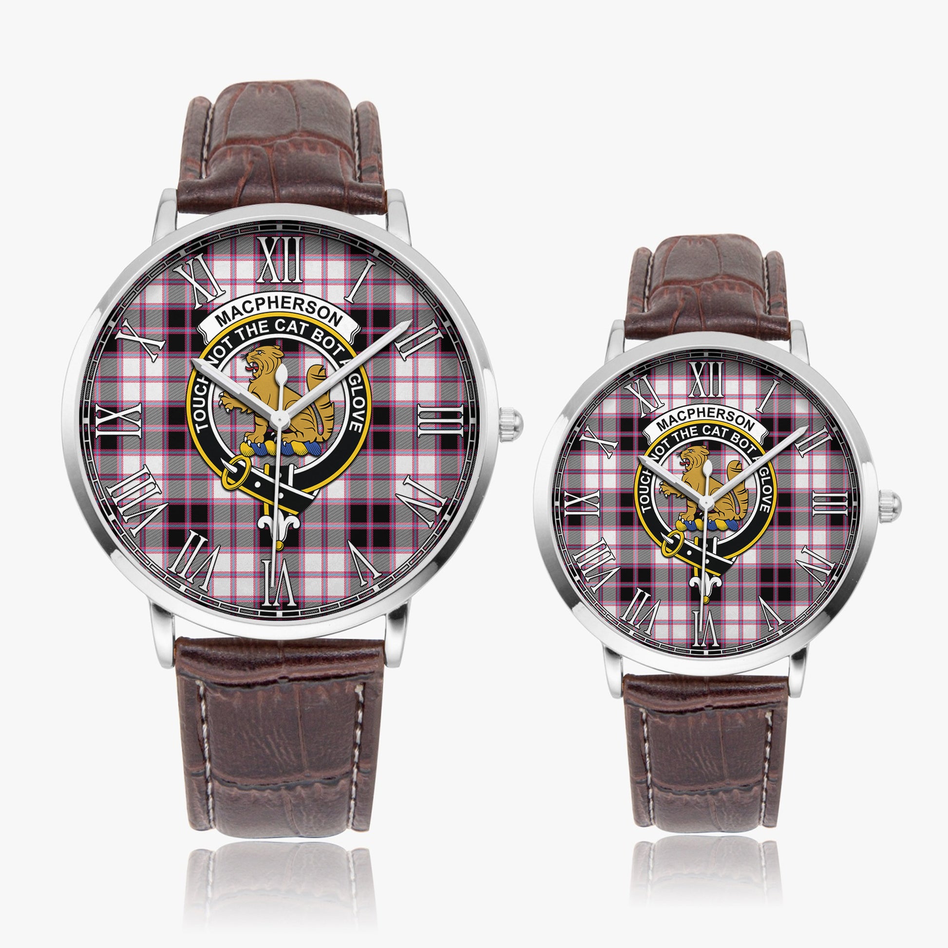 MacPherson Hunting Modern Tartan Family Crest Leather Strap Quartz Watch - Tartanvibesclothing