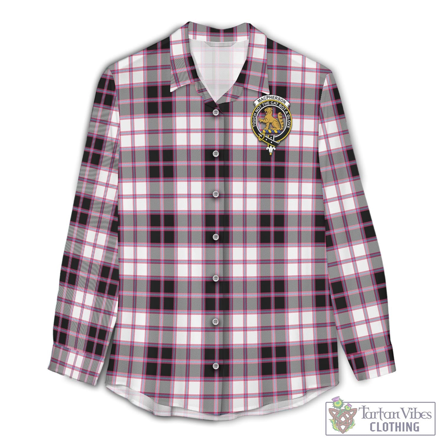 Tartan Vibes Clothing MacPherson Hunting Modern Tartan Womens Casual Shirt with Family Crest