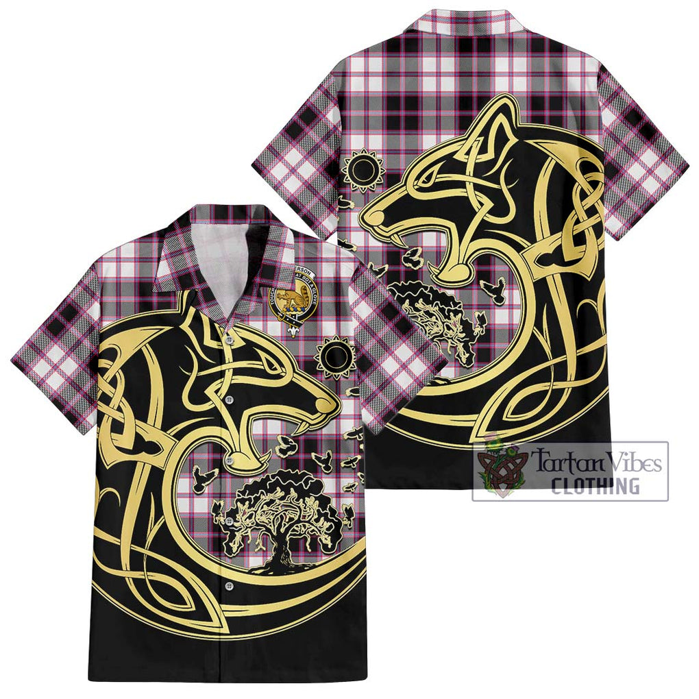 MacPherson Hunting Modern Tartan Short Sleeve Button Shirt with Family Crest Celtic Wolf Style Kid - Tartan Vibes Clothing