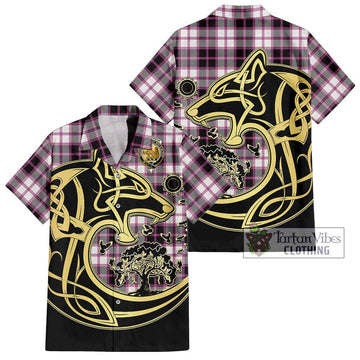 MacPherson Hunting Modern Tartan Short Sleeve Button Shirt with Family Crest Celtic Wolf Style