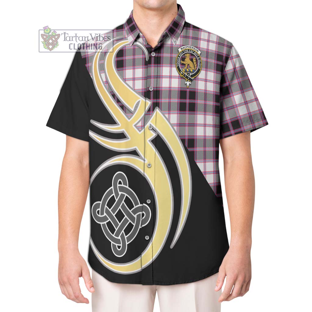 MacPherson Hunting Modern Tartan Short Sleeve Button Shirt with Family Crest and Celtic Symbol Style Kid - Tartan Vibes Clothing