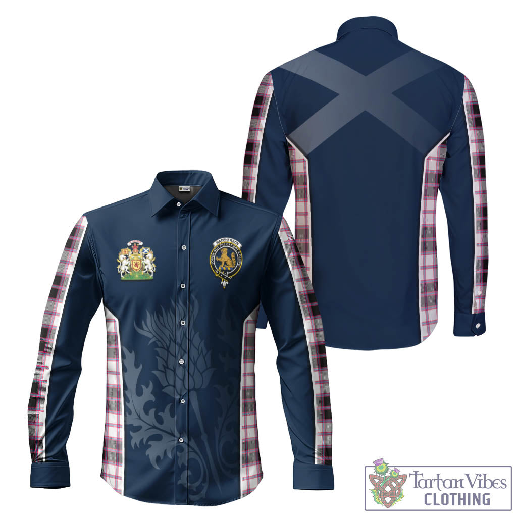 Tartan Vibes Clothing MacPherson Hunting Modern Tartan Long Sleeve Button Up Shirt with Family Crest and Scottish Thistle Vibes Sport Style