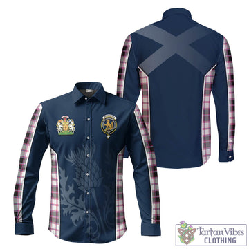 MacPherson Hunting Modern Tartan Long Sleeve Button Up Shirt with Family Crest and Scottish Thistle Vibes Sport Style