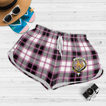 MacPherson Hunting Modern Tartan Womens Shorts with Family Crest