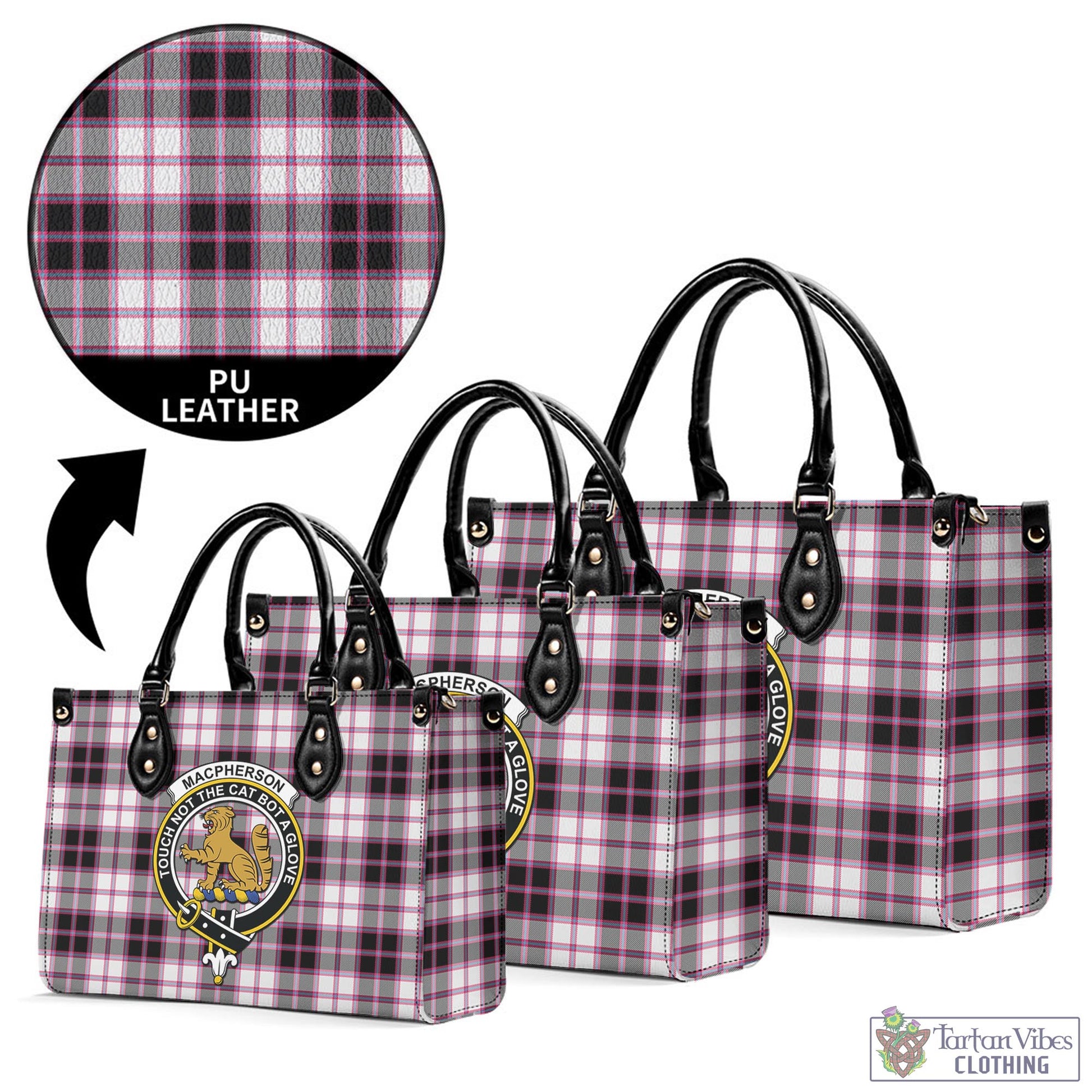 Tartan Vibes Clothing MacPherson Hunting Modern Tartan Luxury Leather Handbags with Family Crest