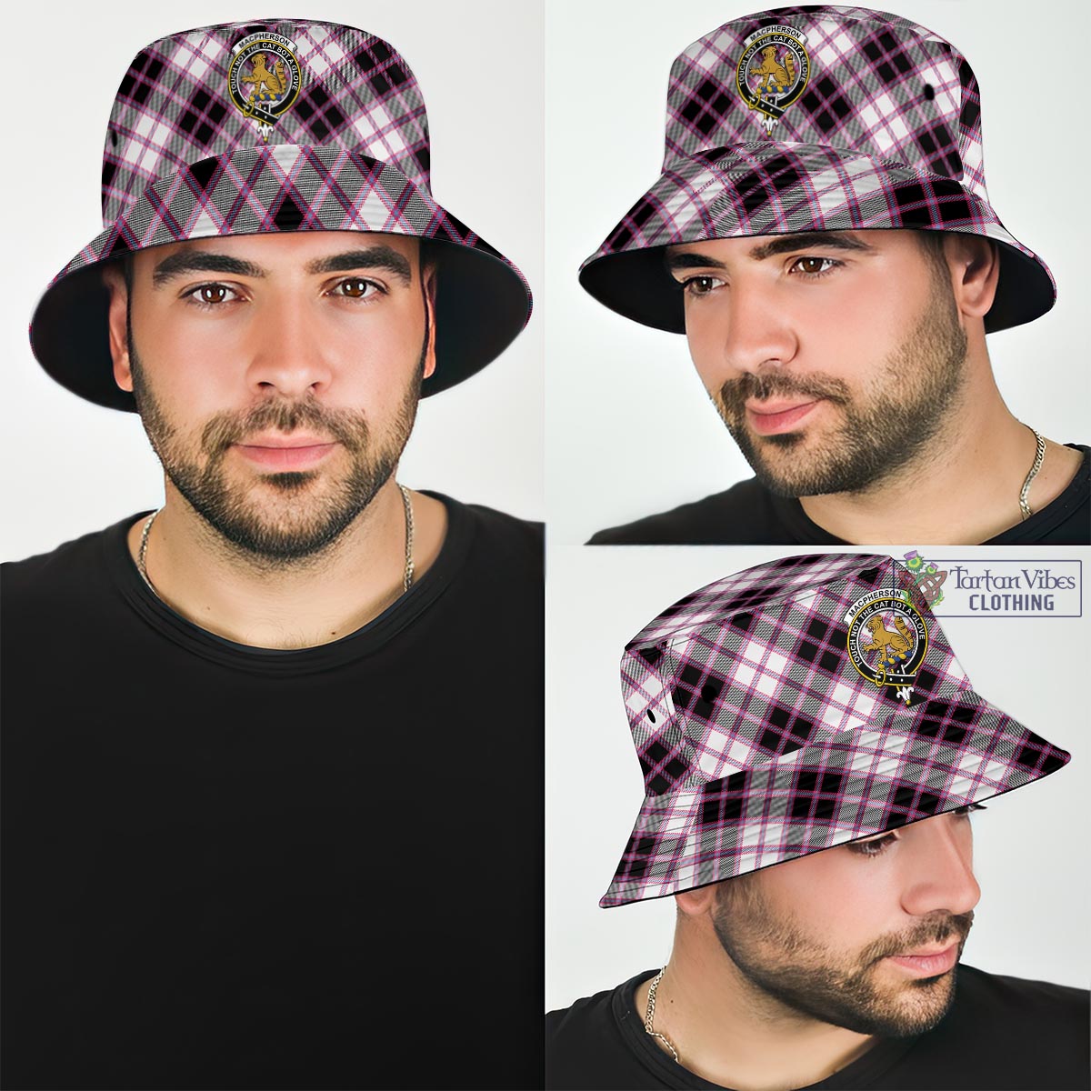 Tartan Vibes Clothing MacPherson Hunting Modern Tartan Bucket Hat with Family Crest