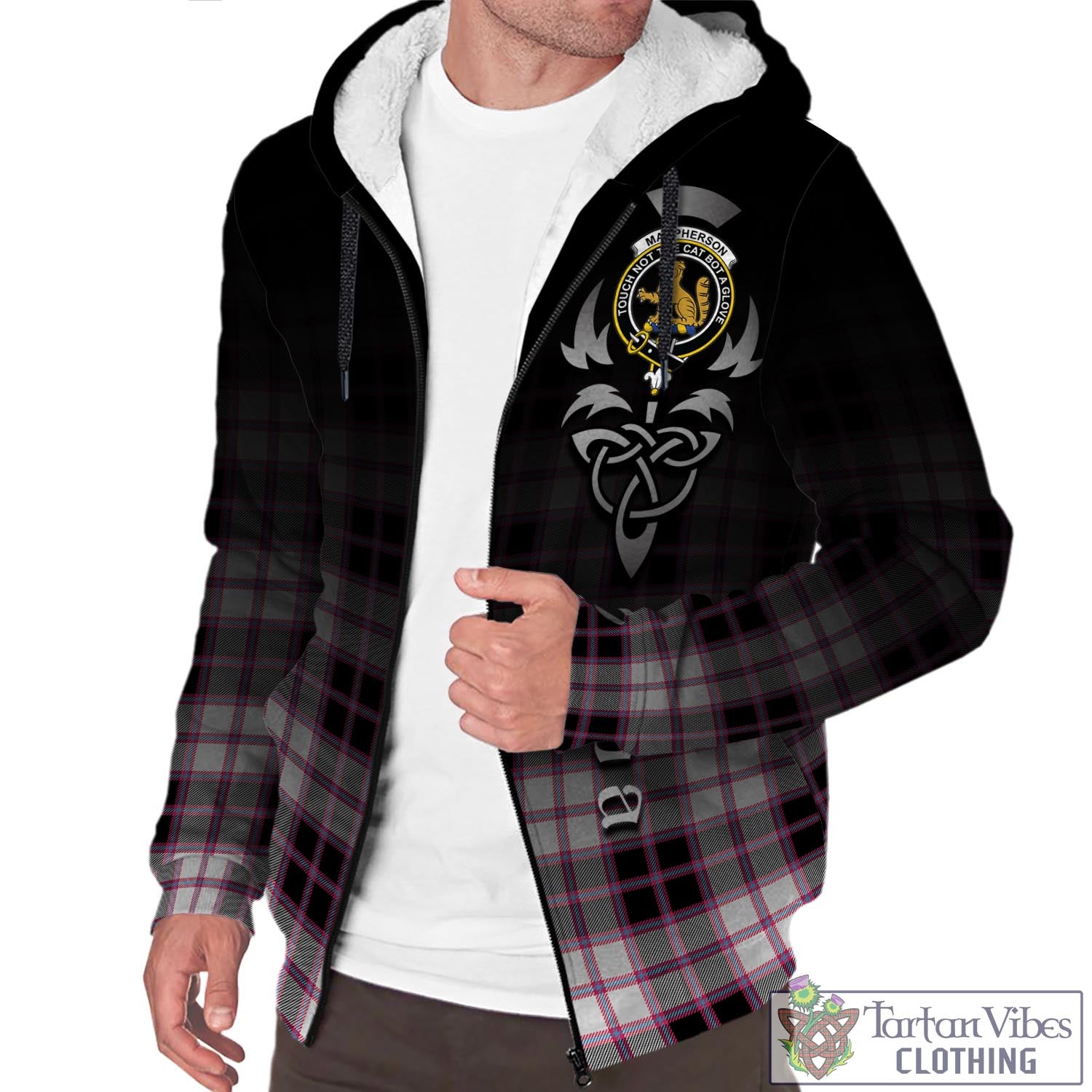 Tartan Vibes Clothing MacPherson Hunting Modern Tartan Sherpa Hoodie Featuring Alba Gu Brath Family Crest Celtic Inspired