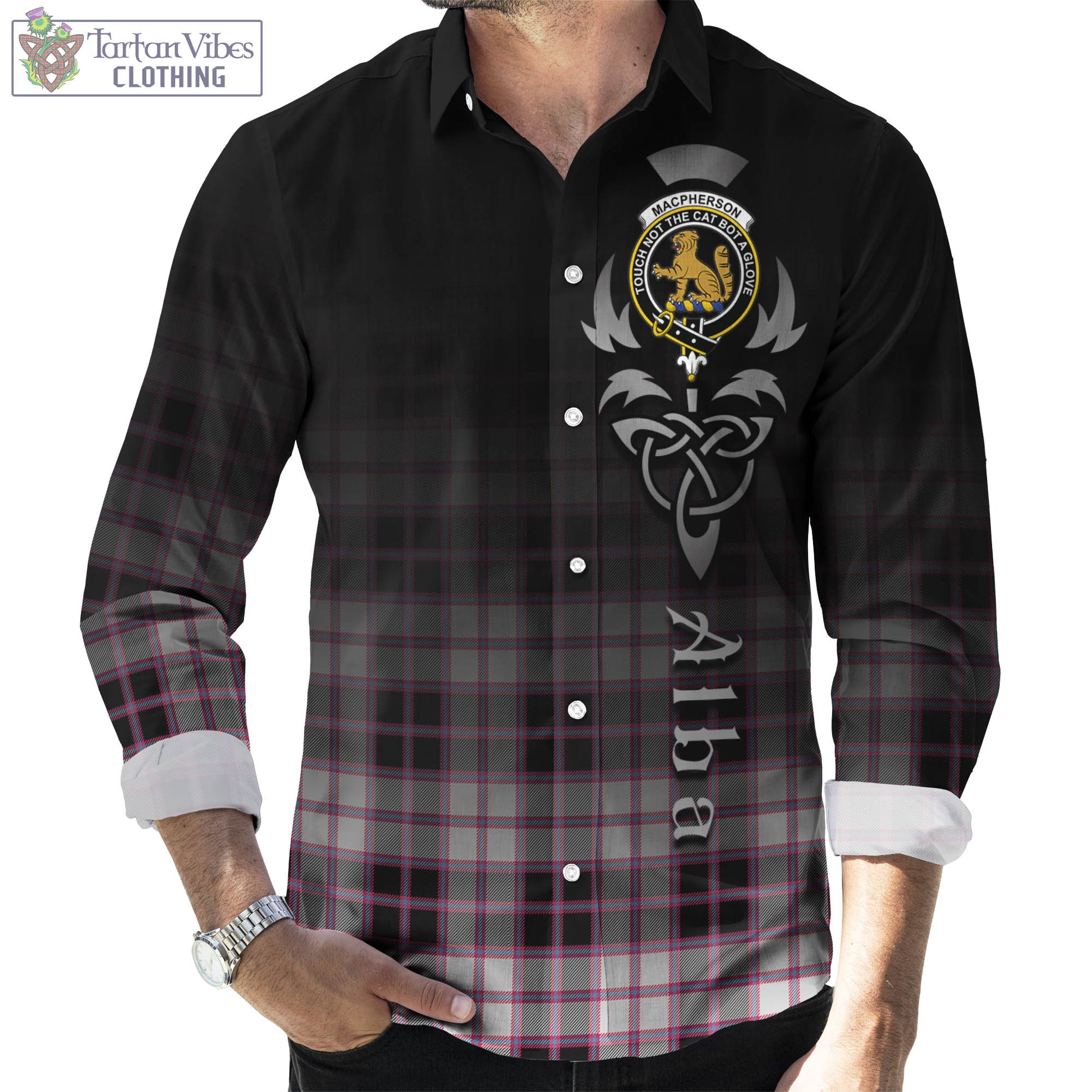 Tartan Vibes Clothing MacPherson Hunting Modern Tartan Long Sleeve Button Up Featuring Alba Gu Brath Family Crest Celtic Inspired