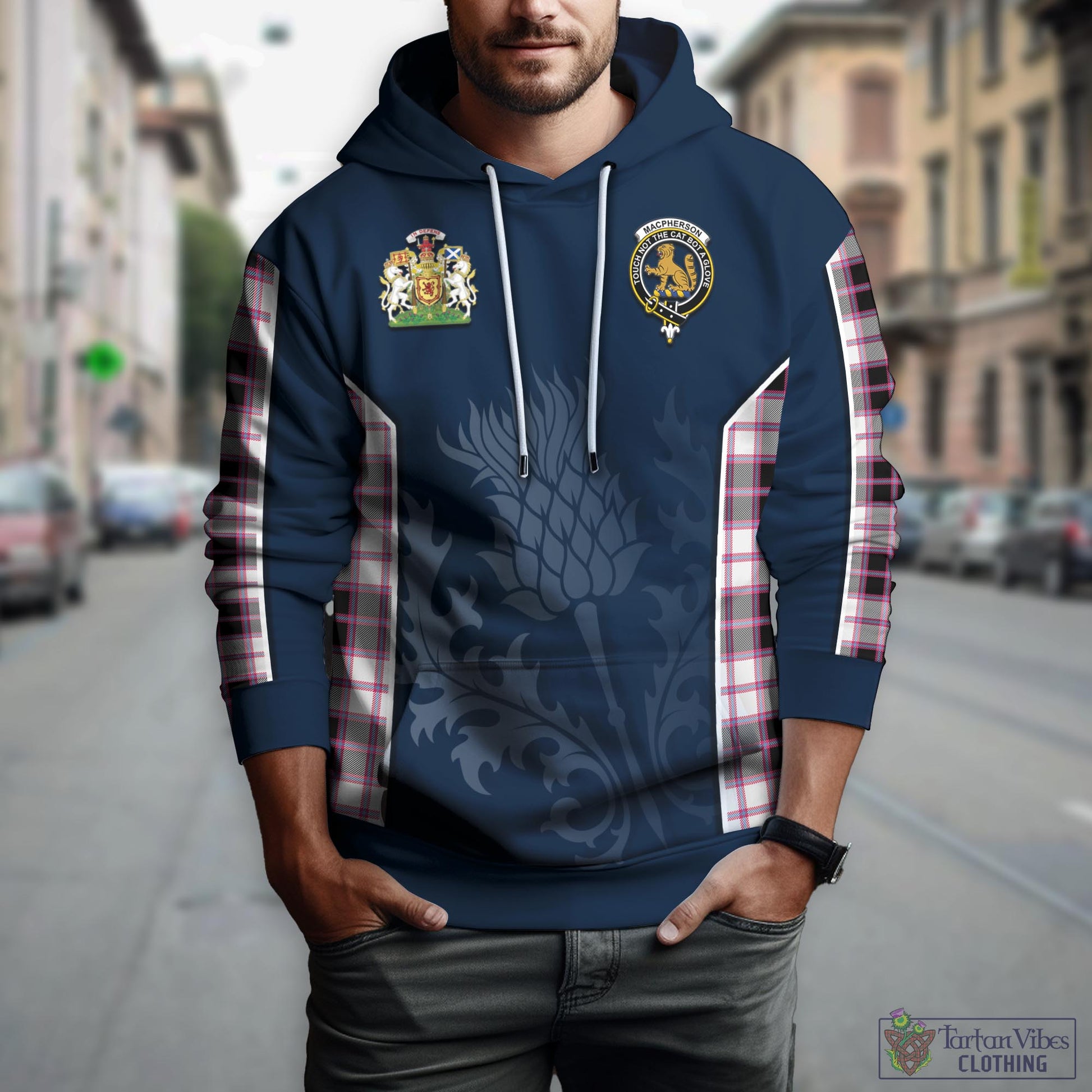 Tartan Vibes Clothing MacPherson Hunting Modern Tartan Hoodie with Family Crest and Scottish Thistle Vibes Sport Style