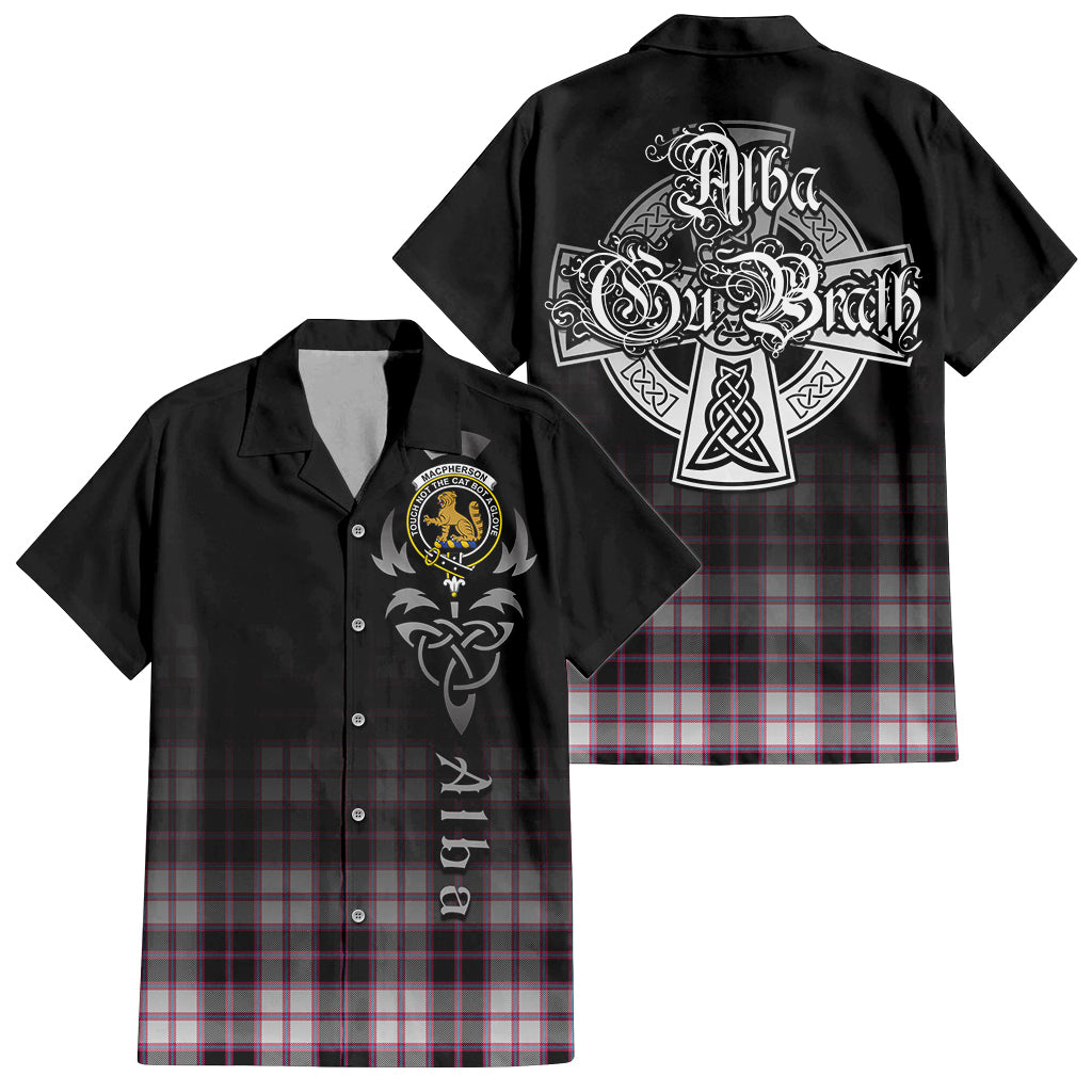 Tartan Vibes Clothing MacPherson Hunting Modern Tartan Short Sleeve Button Up Featuring Alba Gu Brath Family Crest Celtic Inspired