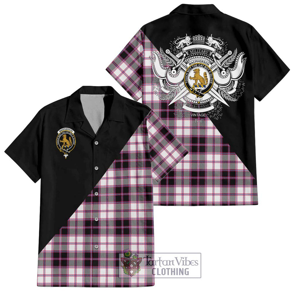 MacPherson Hunting Modern Tartan Short Sleeve Button Shirt with Family Crest and Military Logo Style Kid - Tartanvibesclothing Shop