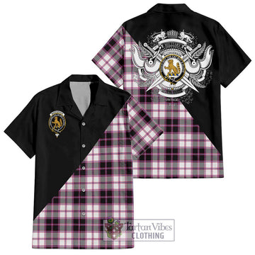 MacPherson Hunting Modern Tartan Short Sleeve Button Shirt with Family Crest and Military Logo Style