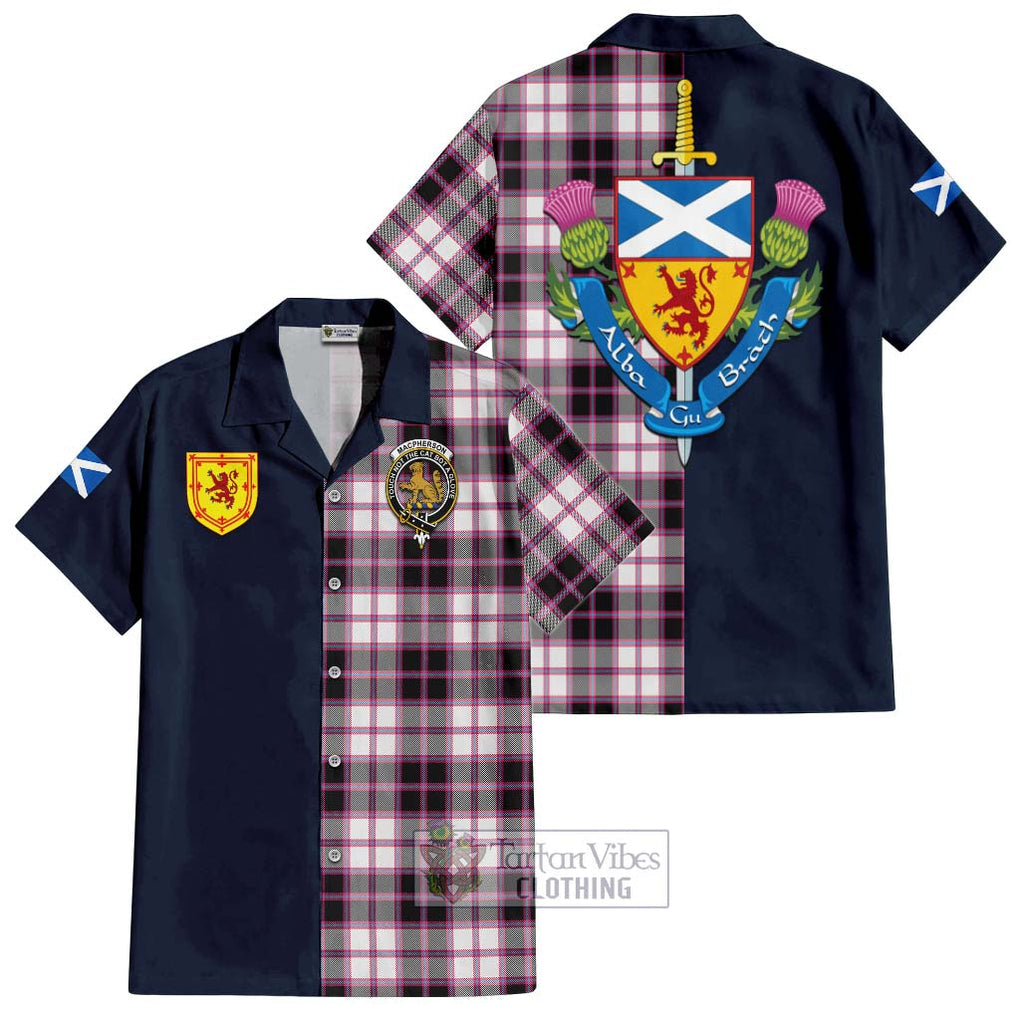 Tartan Vibes Clothing MacPherson Hunting Modern Tartan Short Sleeve Button Shirt with Scottish Lion Royal Arm Half Style