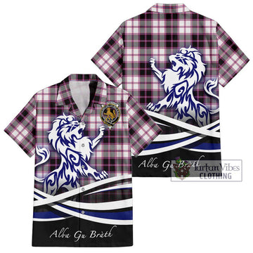 MacPherson Hunting Modern Tartan Short Sleeve Button Shirt with Alba Gu Brath Regal Lion Emblem