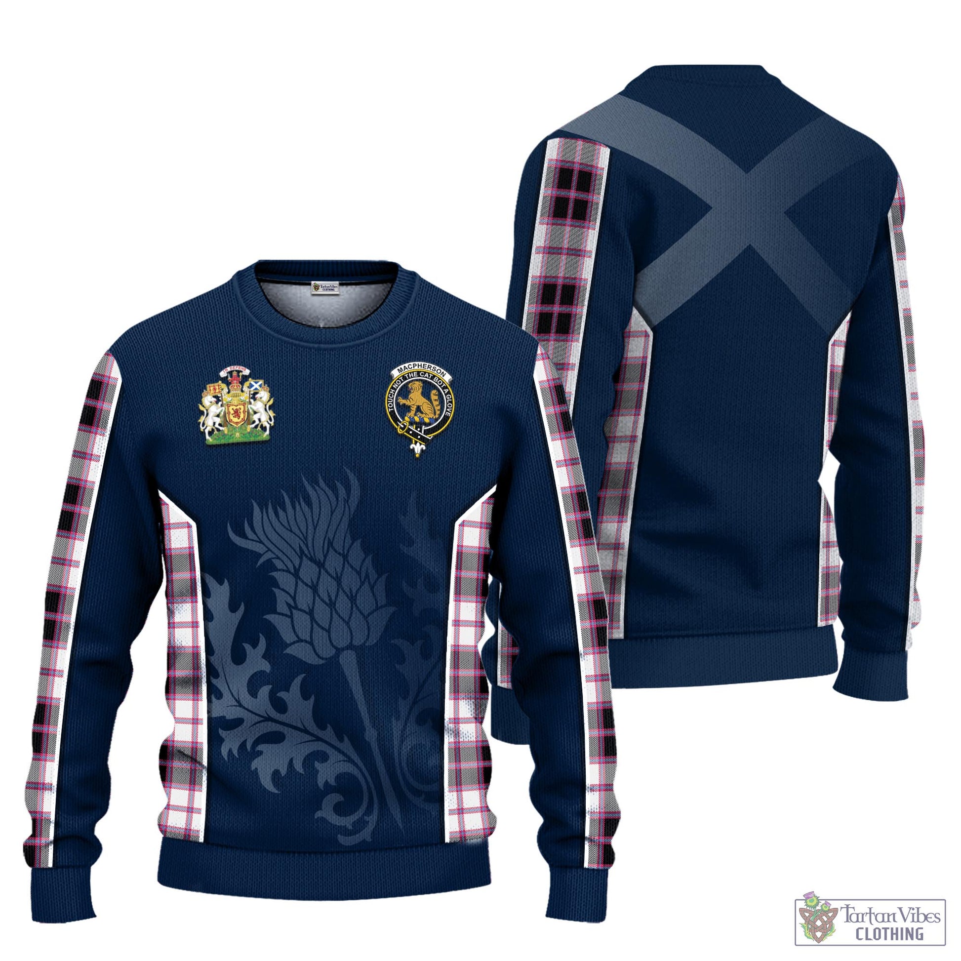 Tartan Vibes Clothing MacPherson Hunting Modern Tartan Knitted Sweatshirt with Family Crest and Scottish Thistle Vibes Sport Style