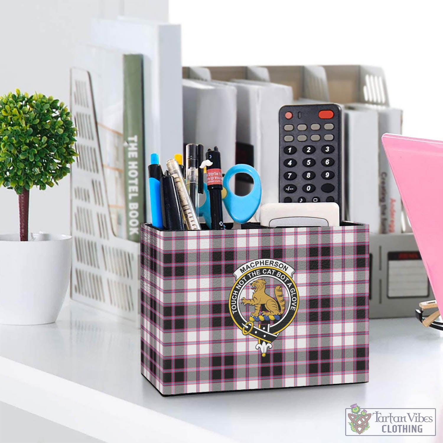 Tartan Vibes Clothing MacPherson Hunting Modern Tartan Pen Holder with Family Crest