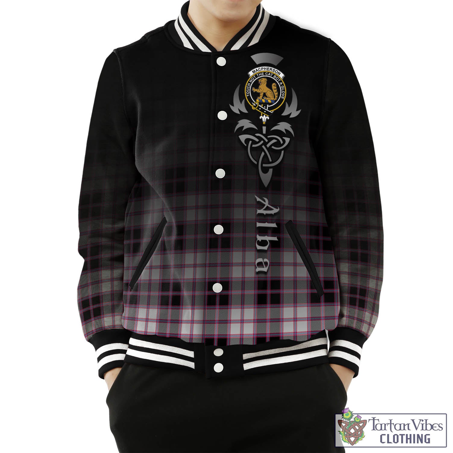 Tartan Vibes Clothing MacPherson Hunting Modern Tartan Baseball Jacket Featuring Alba Gu Brath Family Crest Celtic Inspired