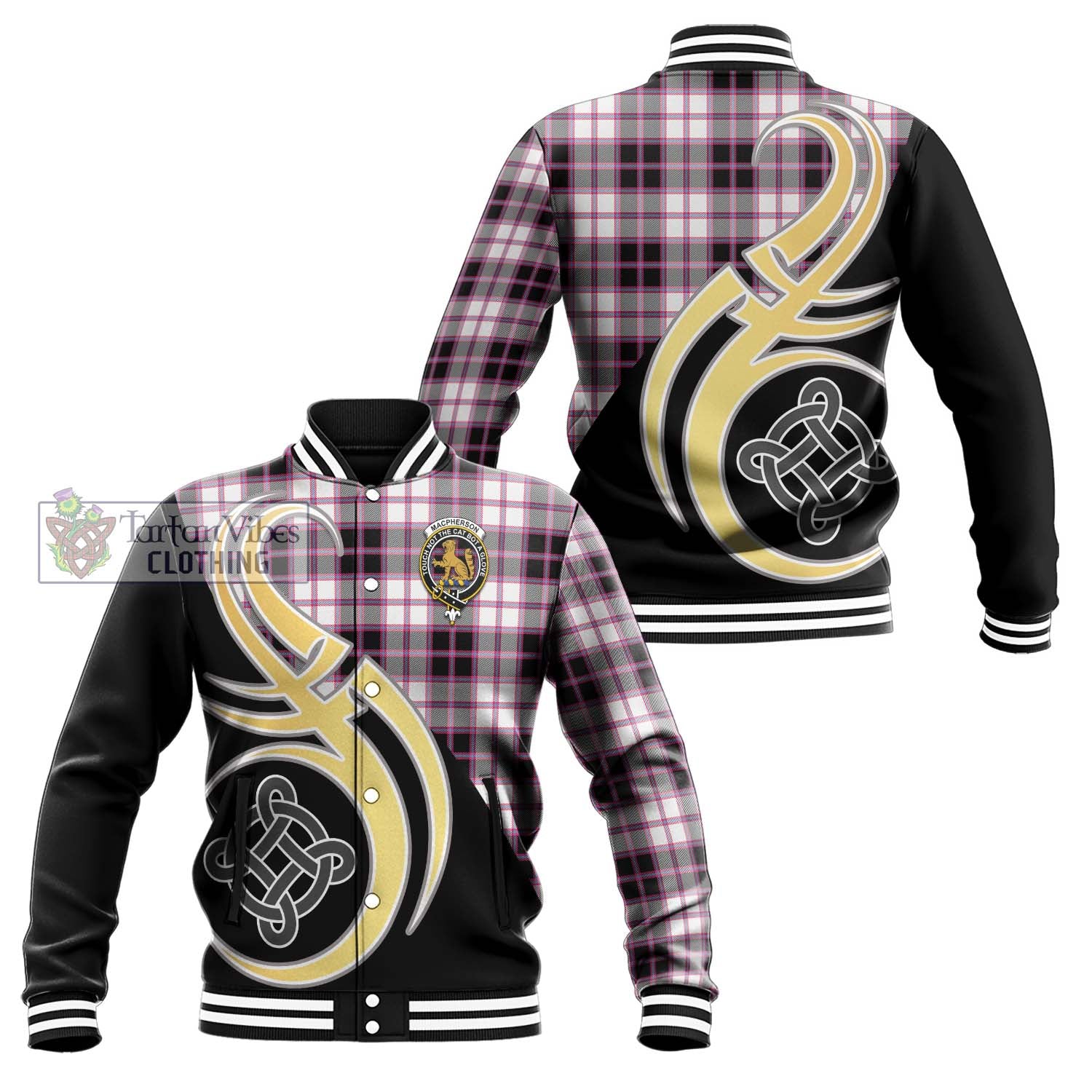 MacPherson Hunting Modern Tartan Baseball Jacket with Family Crest and Celtic Symbol Style Unisex - Tartan Vibes Clothing