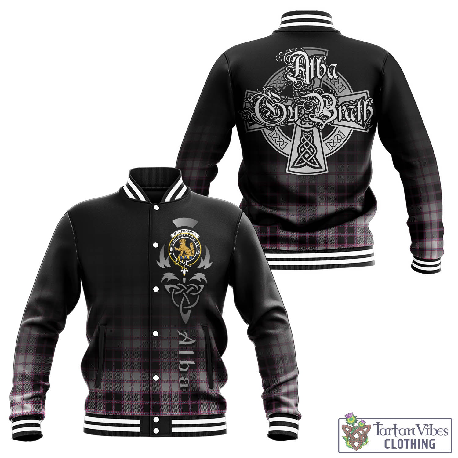 Tartan Vibes Clothing MacPherson Hunting Modern Tartan Baseball Jacket Featuring Alba Gu Brath Family Crest Celtic Inspired