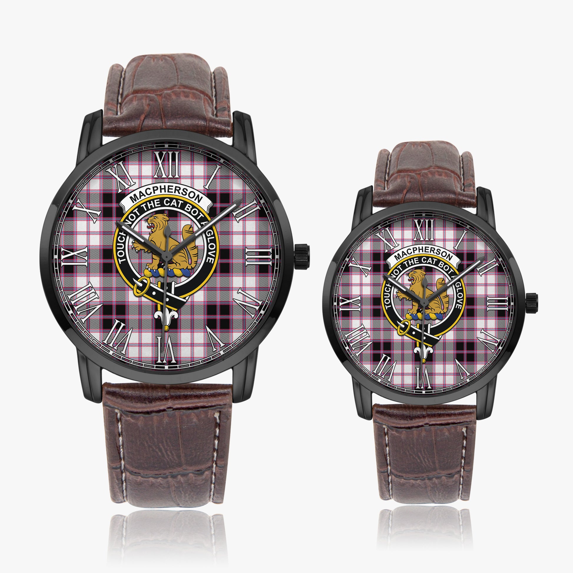 MacPherson Hunting Modern Tartan Family Crest Leather Strap Quartz Watch - Tartanvibesclothing