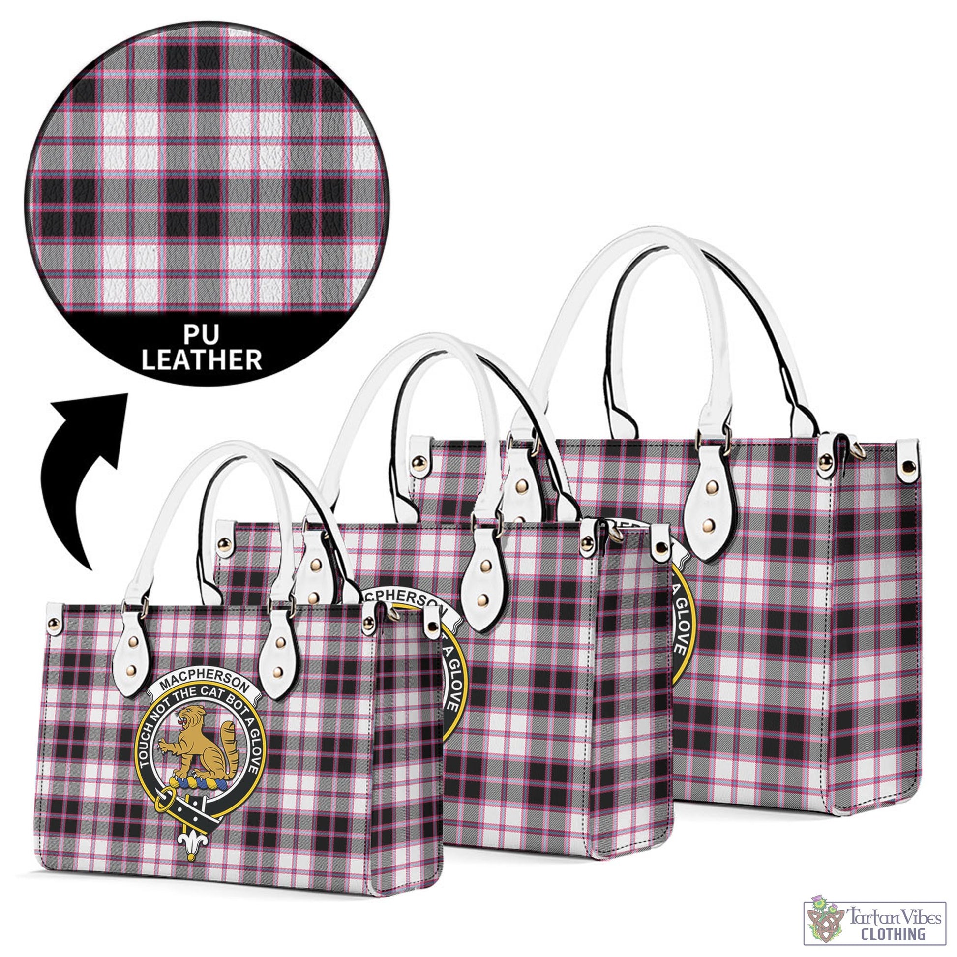 Tartan Vibes Clothing MacPherson Hunting Modern Tartan Luxury Leather Handbags with Family Crest