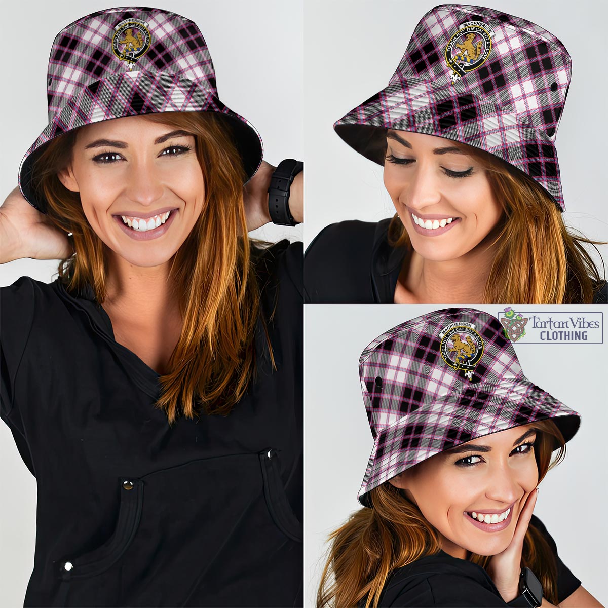 Tartan Vibes Clothing MacPherson Hunting Modern Tartan Bucket Hat with Family Crest