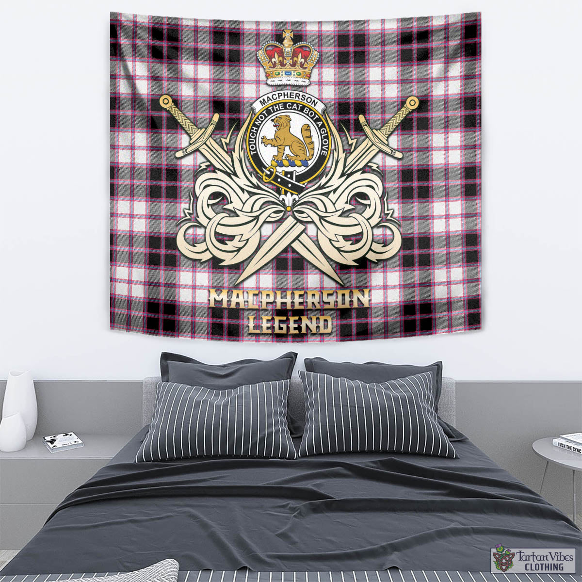 Tartan Vibes Clothing MacPherson Hunting Modern Tartan Tapestry with Clan Crest and the Golden Sword of Courageous Legacy