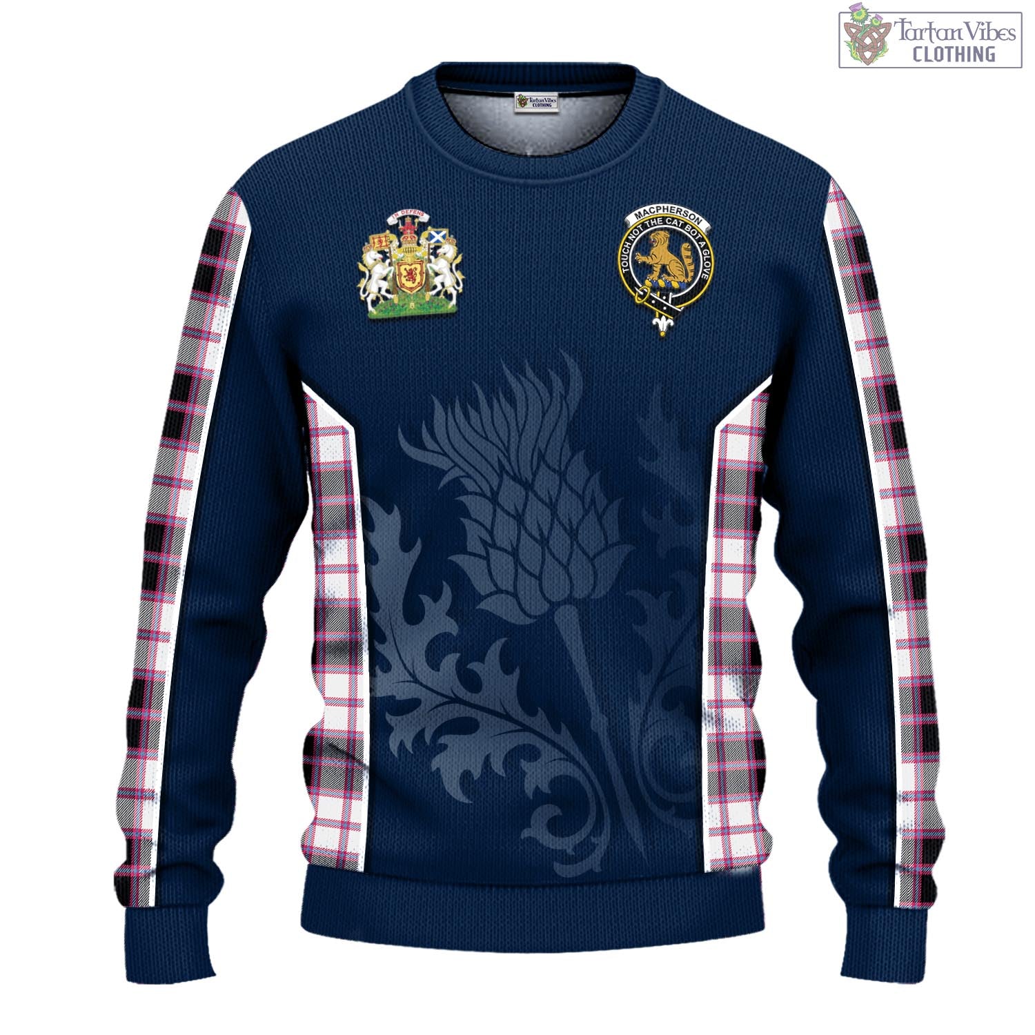 Tartan Vibes Clothing MacPherson Hunting Modern Tartan Knitted Sweatshirt with Family Crest and Scottish Thistle Vibes Sport Style