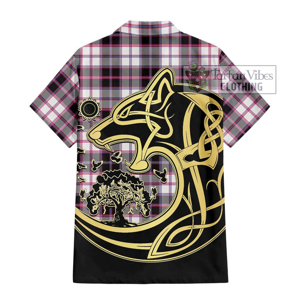 MacPherson Hunting Modern Tartan Short Sleeve Button Shirt with Family Crest Celtic Wolf Style - Tartan Vibes Clothing