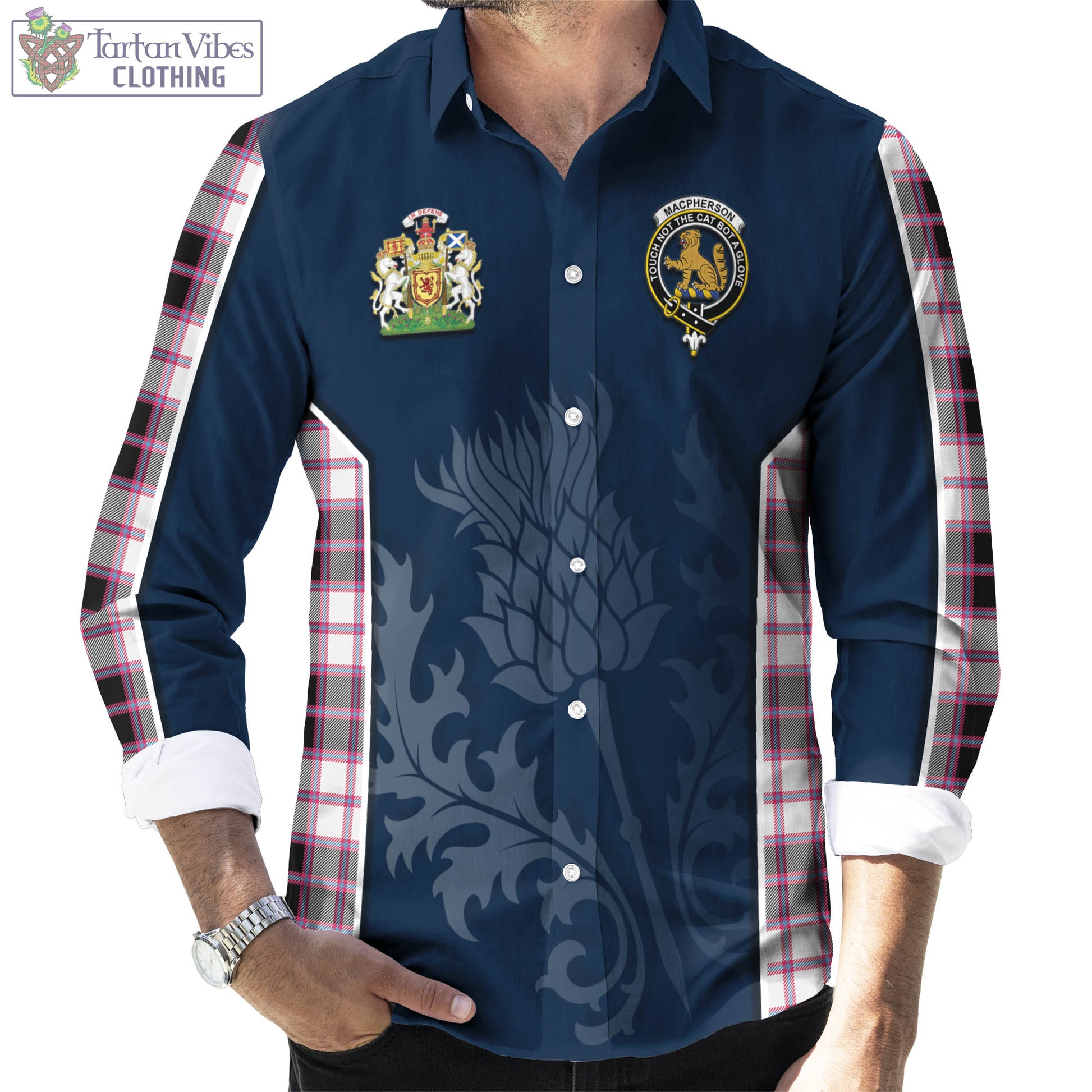 Tartan Vibes Clothing MacPherson Hunting Modern Tartan Long Sleeve Button Up Shirt with Family Crest and Scottish Thistle Vibes Sport Style