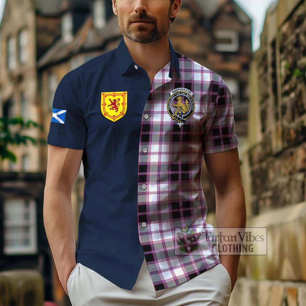 Tartan Vibes Clothing MacPherson Hunting Modern Tartan Short Sleeve Button Shirt with Scottish Lion Royal Arm Half Style