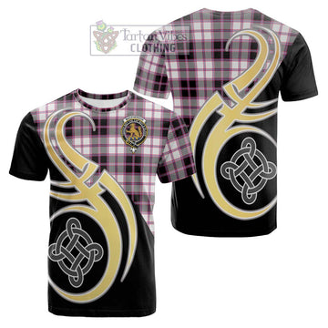 MacPherson Hunting Modern Tartan Cotton T-shirt with Family Crest and Celtic Symbol Style