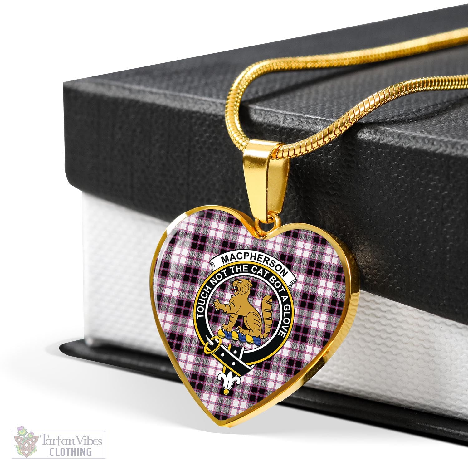 Tartan Vibes Clothing MacPherson Hunting Modern Tartan Heart Necklace with Family Crest