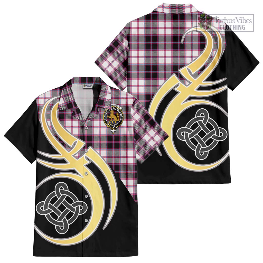 MacPherson Hunting Modern Tartan Short Sleeve Button Shirt with Family Crest and Celtic Symbol Style - Tartan Vibes Clothing