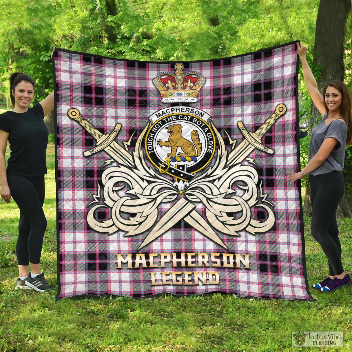 Tartan Vibes Clothing MacPherson Hunting Modern Tartan Quilt with Clan Crest and the Golden Sword of Courageous Legacy