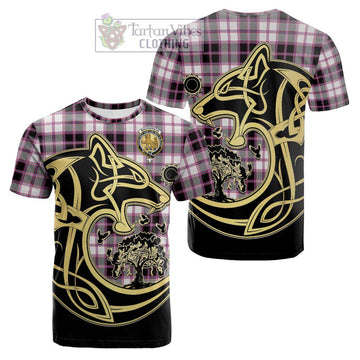 MacPherson Hunting Modern Tartan Cotton T-shirt with Family Crest Celtic Wolf Style