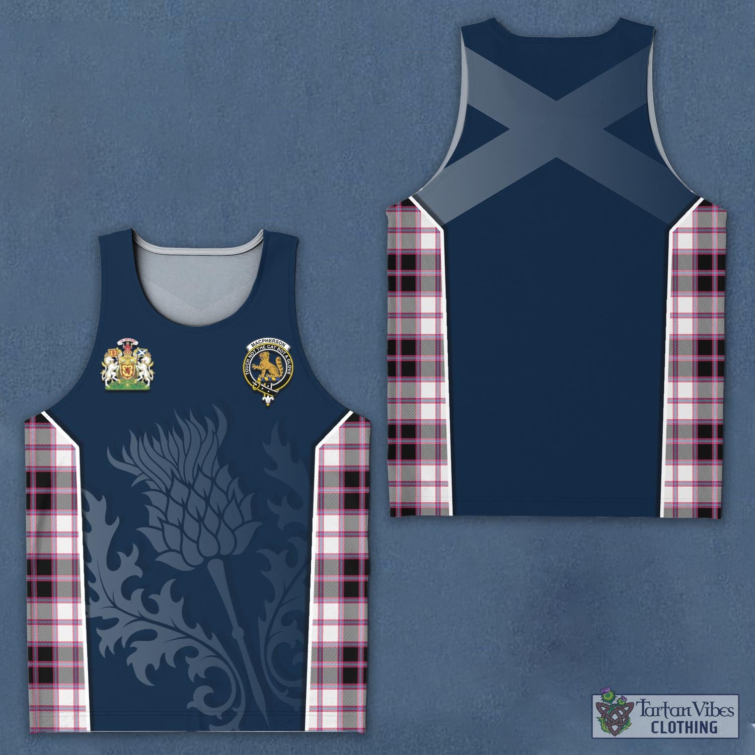 Tartan Vibes Clothing MacPherson Hunting Modern Tartan Men's Tanks Top with Family Crest and Scottish Thistle Vibes Sport Style