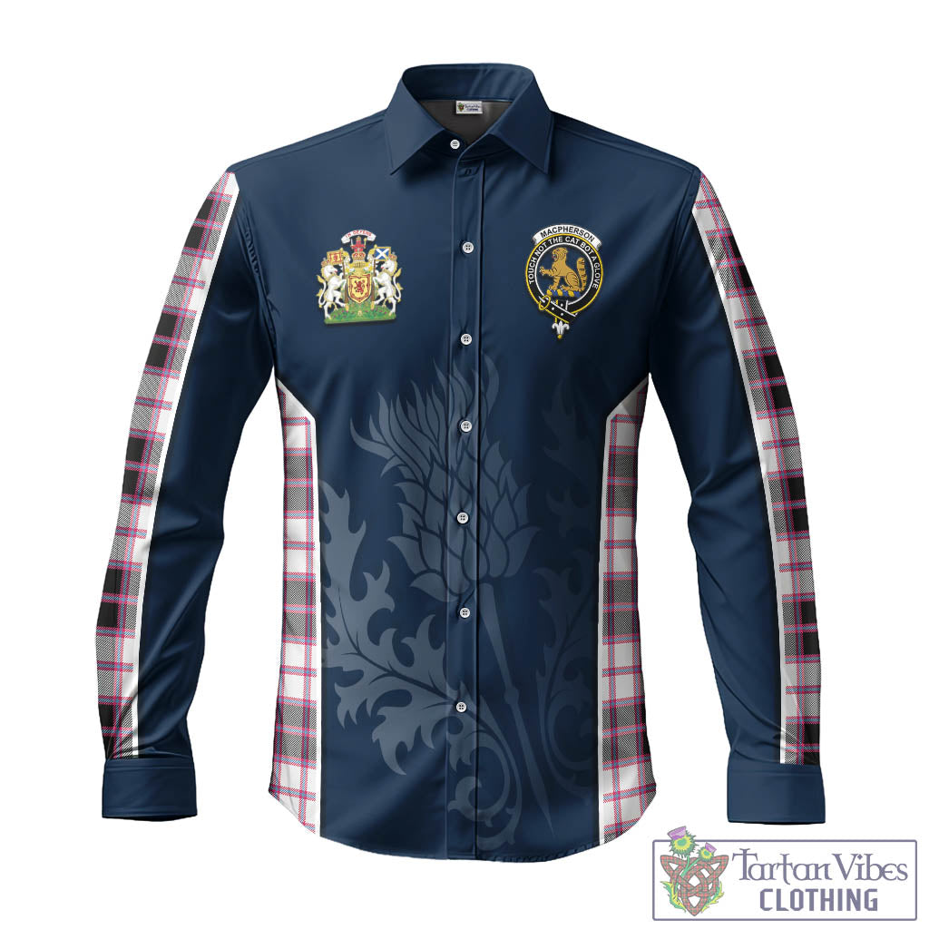 Tartan Vibes Clothing MacPherson Hunting Modern Tartan Long Sleeve Button Up Shirt with Family Crest and Scottish Thistle Vibes Sport Style