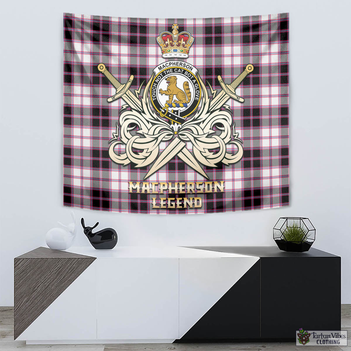 Tartan Vibes Clothing MacPherson Hunting Modern Tartan Tapestry with Clan Crest and the Golden Sword of Courageous Legacy