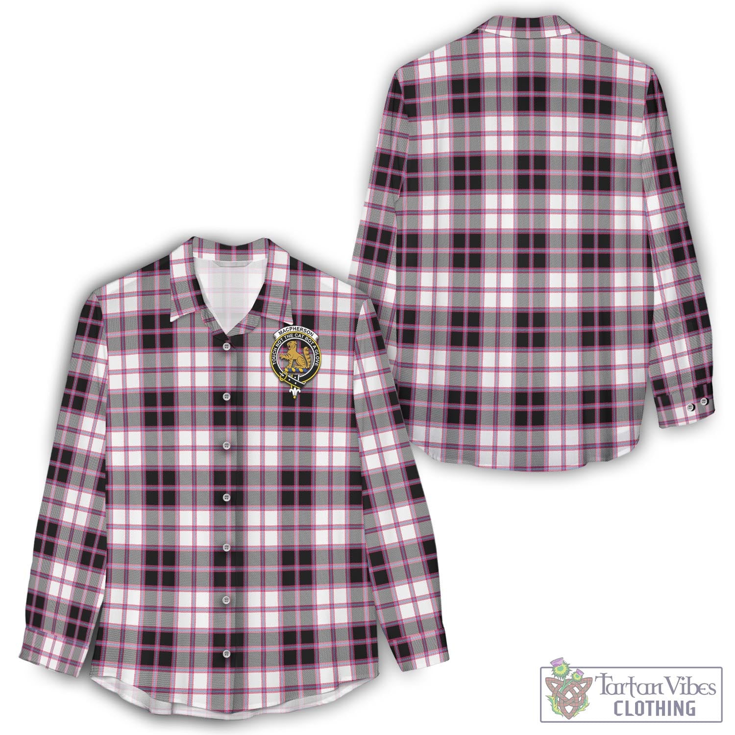 Tartan Vibes Clothing MacPherson Hunting Modern Tartan Womens Casual Shirt with Family Crest