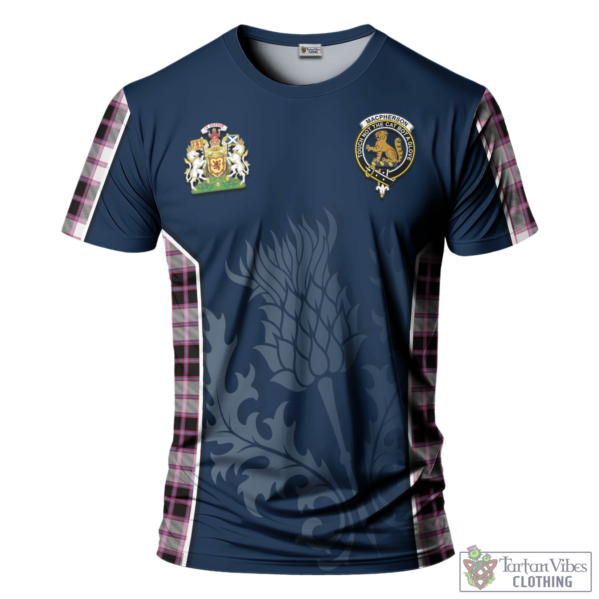 Tartan Vibes Clothing MacPherson Hunting Modern Tartan T-Shirt with Family Crest and Scottish Thistle Vibes Sport Style