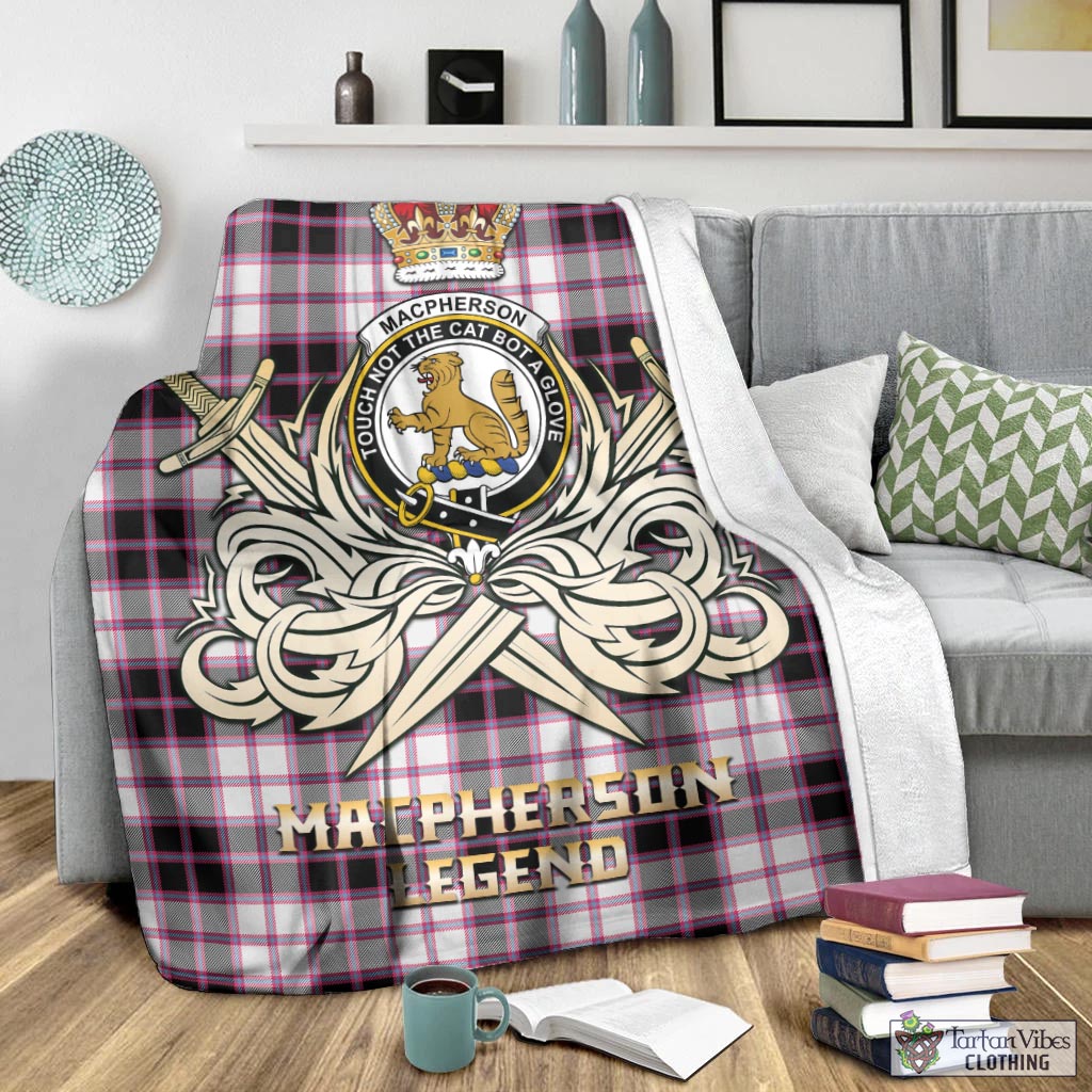 Tartan Vibes Clothing MacPherson Hunting Modern Tartan Blanket with Clan Crest and the Golden Sword of Courageous Legacy