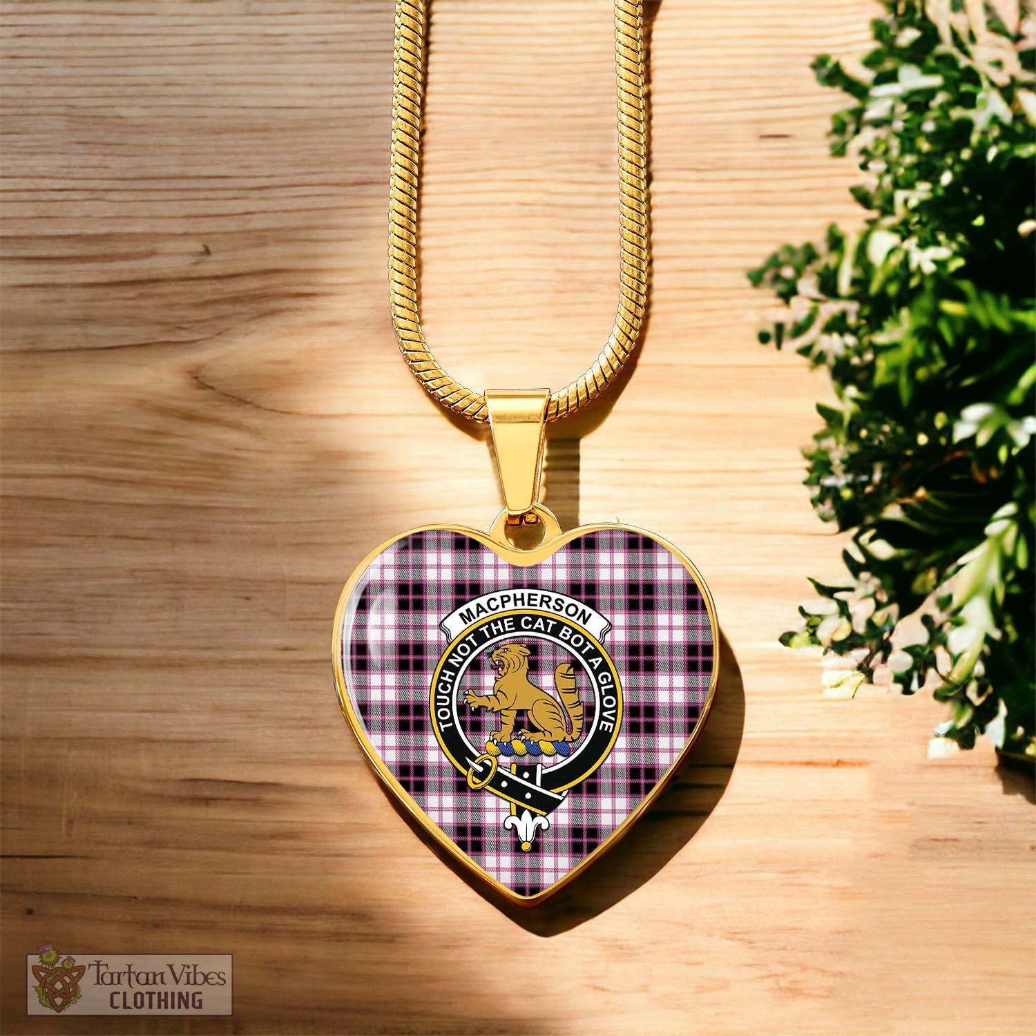 Tartan Vibes Clothing MacPherson Hunting Modern Tartan Heart Necklace with Family Crest