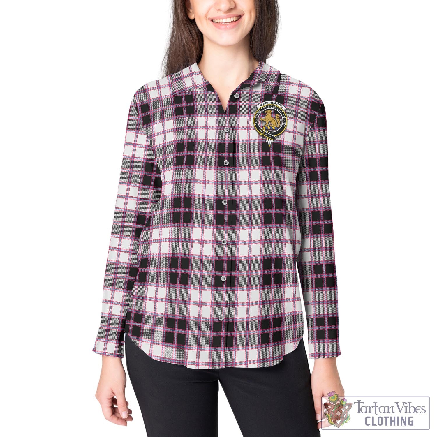 Tartan Vibes Clothing MacPherson Hunting Modern Tartan Womens Casual Shirt with Family Crest