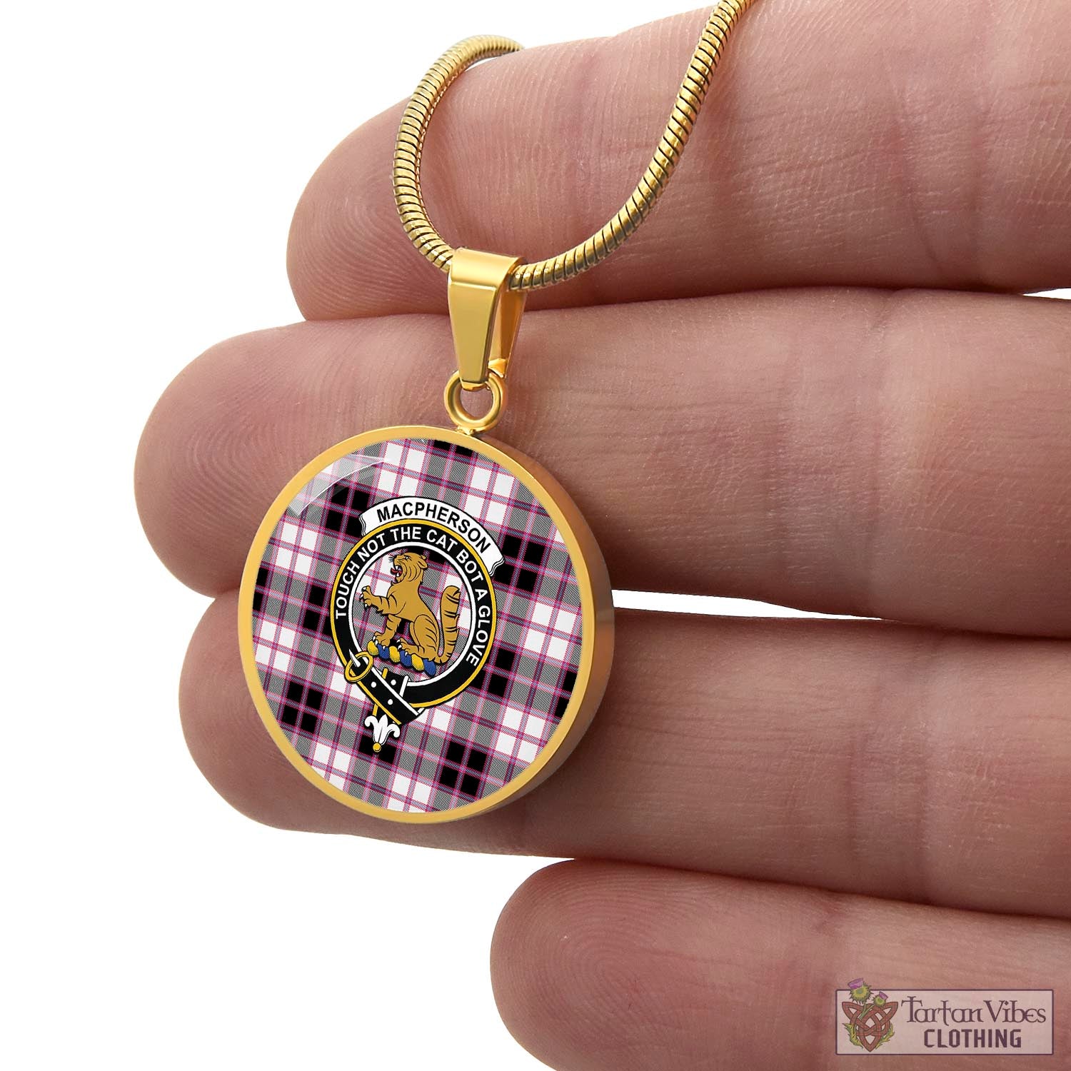 Tartan Vibes Clothing MacPherson Hunting Modern Tartan Circle Necklace with Family Crest