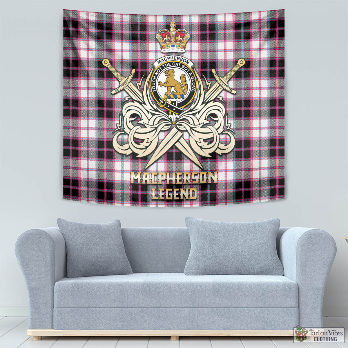 Tartan Vibes Clothing MacPherson Hunting Modern Tartan Tapestry with Clan Crest and the Golden Sword of Courageous Legacy