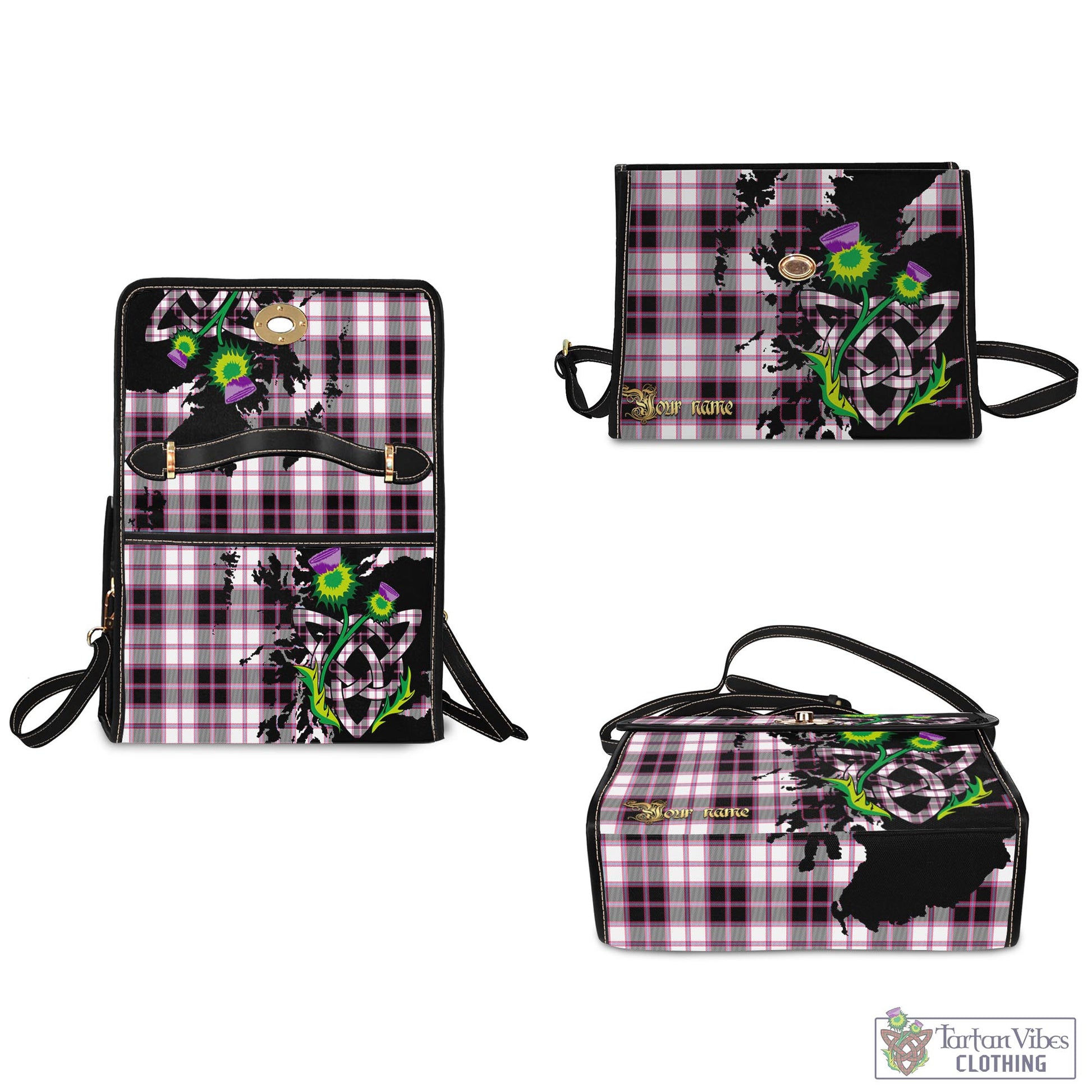 Tartan Vibes Clothing MacPherson Hunting Modern Tartan Waterproof Canvas Bag with Scotland Map and Thistle Celtic Accents