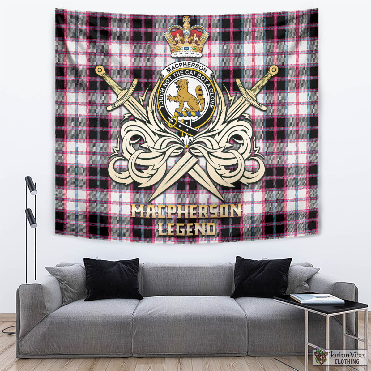 Tartan Vibes Clothing MacPherson Hunting Modern Tartan Tapestry with Clan Crest and the Golden Sword of Courageous Legacy