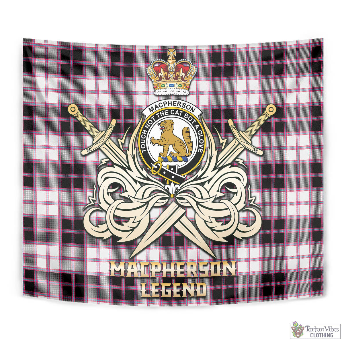 Tartan Vibes Clothing MacPherson Hunting Modern Tartan Tapestry with Clan Crest and the Golden Sword of Courageous Legacy